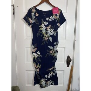 isabel Maternity by Ingrid & Isabel Long Dark Blue Dress Flowers Cap‎ Sleeves L